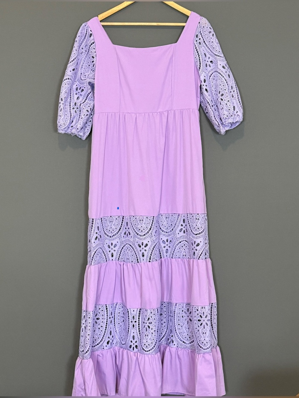 Lavender Eyelet Lace Puff Sleeve Maxi Dress XL Cottagecore Prairie